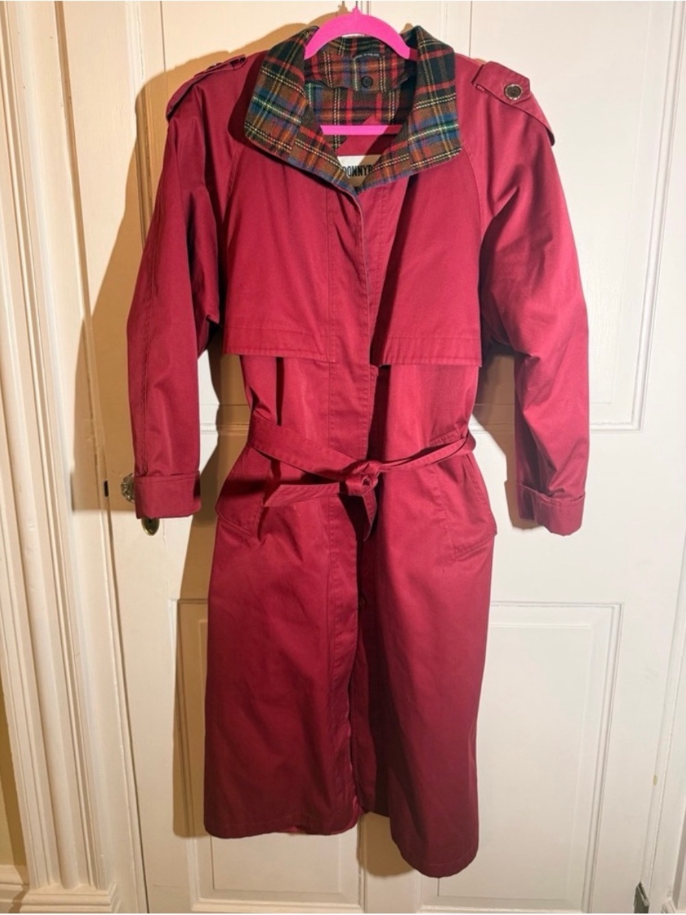 Vintage Red Trench Coat with Plaid Lining